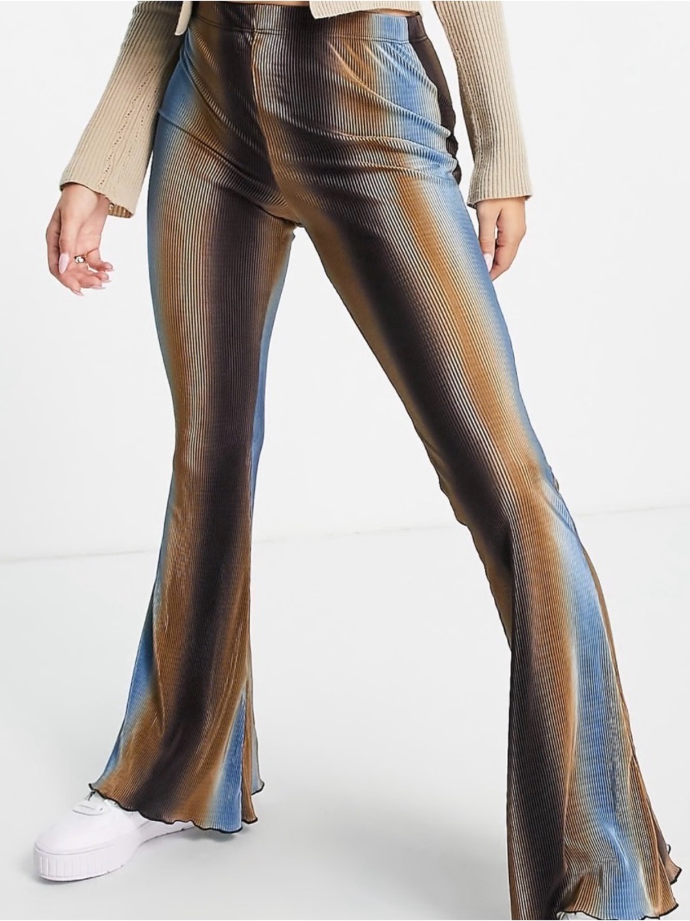 Topshop Ombré Plisse‎ Flared Woven Pants Blue Brown NWT 8 Boho Festival Wide Leg